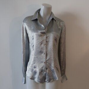 Womens Her Shirt Silver Shimmery Button Down Blouse XS